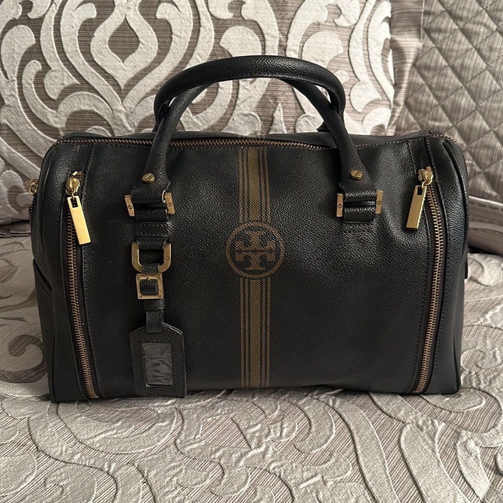 Tory Burch Black Leather Satchel with Gold Accents
